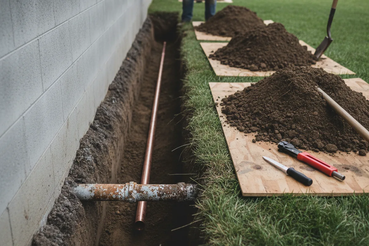 Excavated water line trench during Water Softener Installation in Hedrick